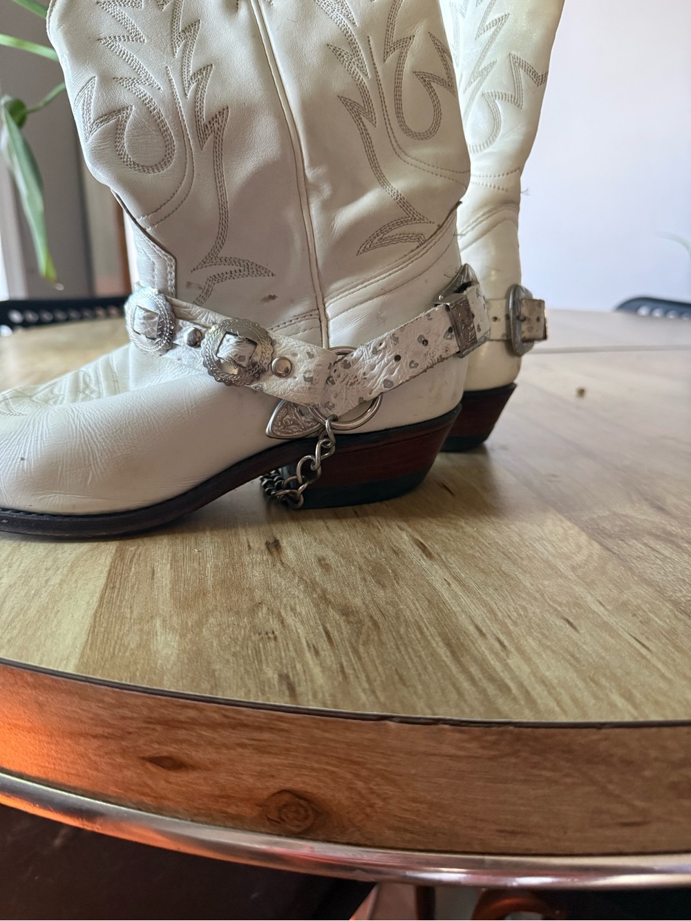 White Leather Cowboy Boots with Decorative Harness - Picture 4 of 6